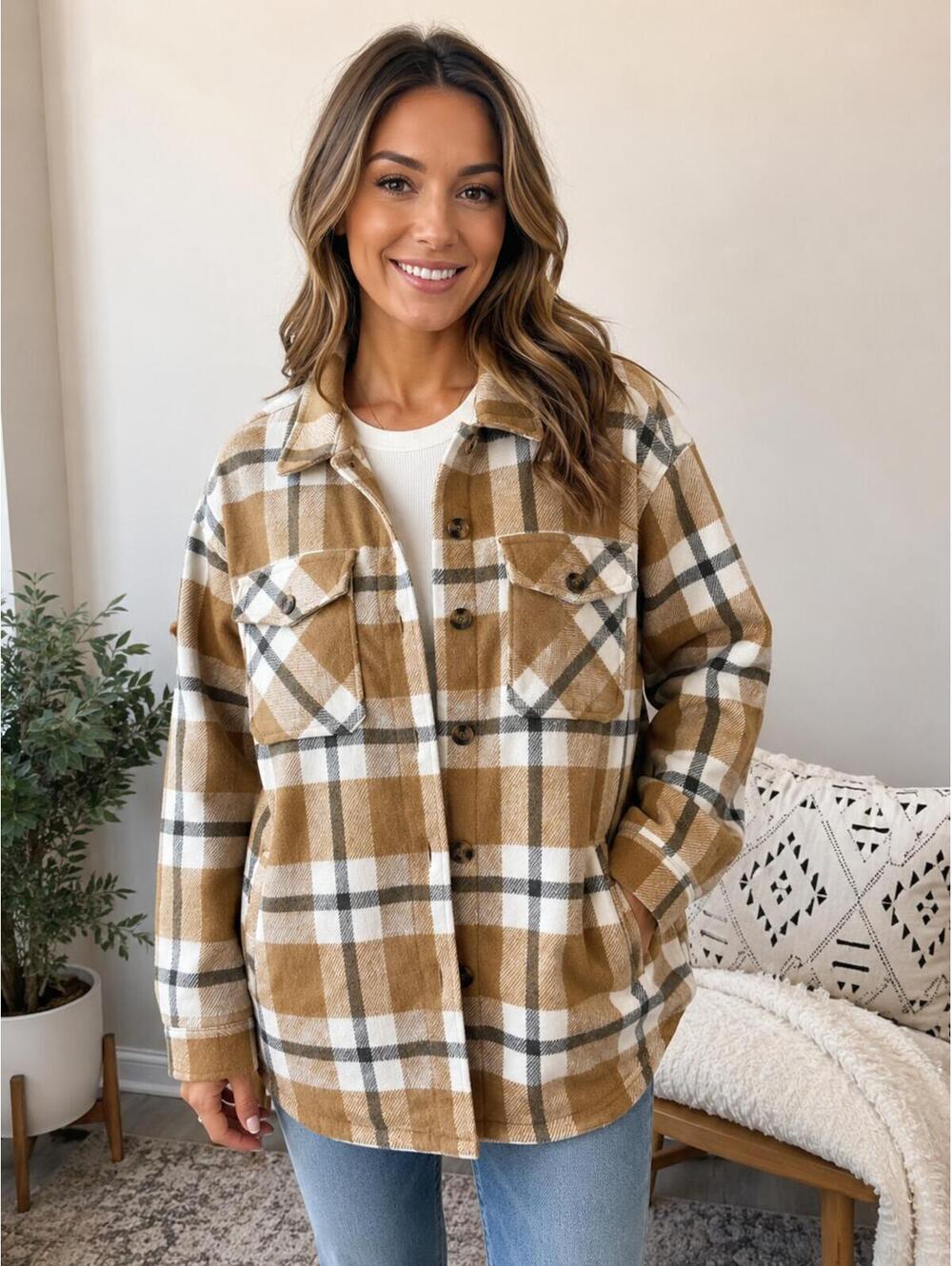 Plaid Shacket Tan Cream Button Front Overshirt Women’s Large